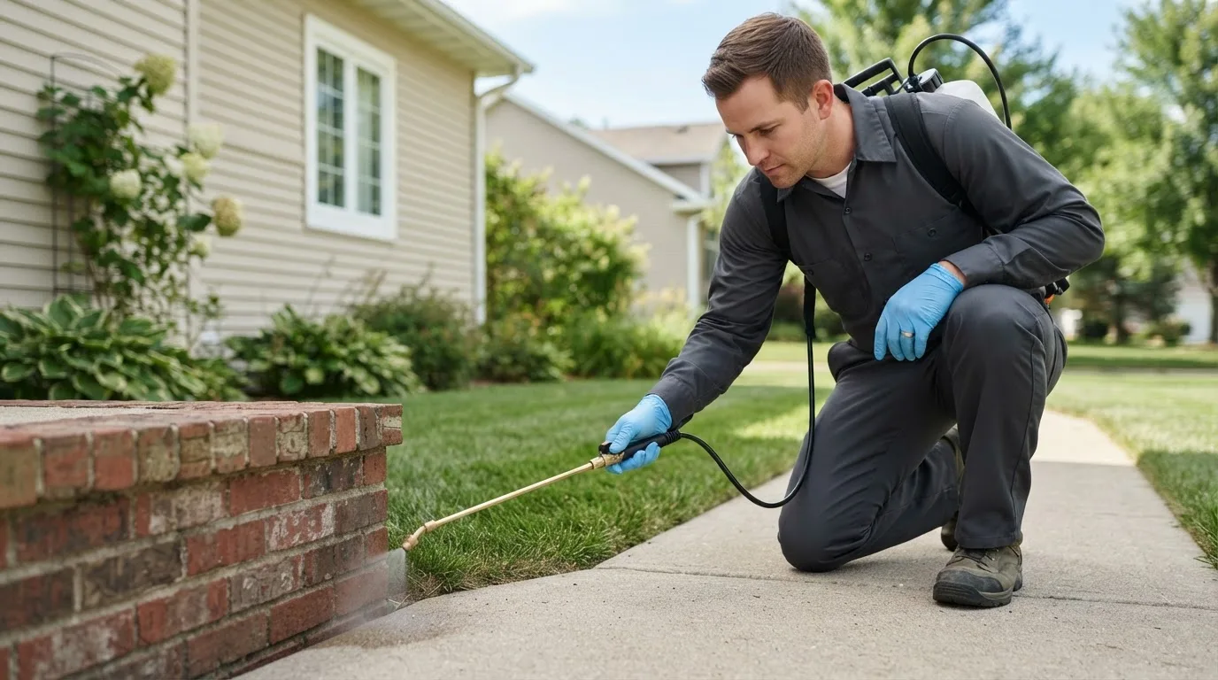 Pest control technician treating a home near Middlebury, CT